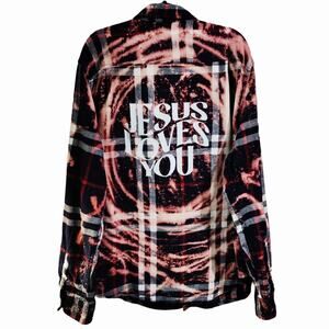 Jesus Loves You Custom Bleached Christian Upcycled Plaid Flannel Shirt, 2X